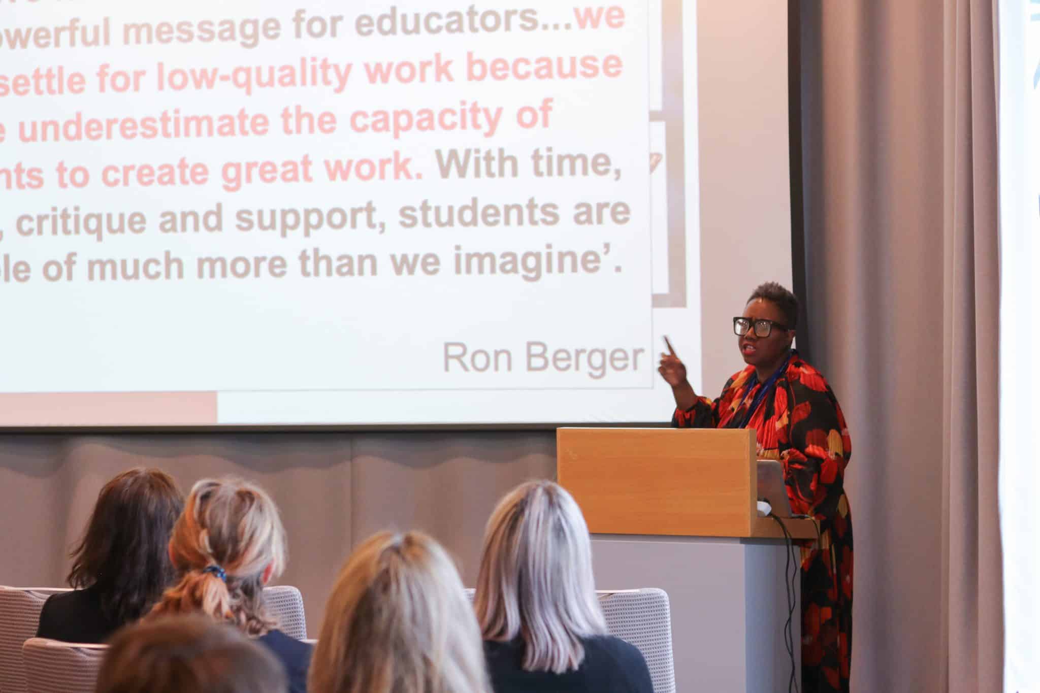 UnityEd 2023, Sonia Thompson delivering the keynote at UnityEd 2023.