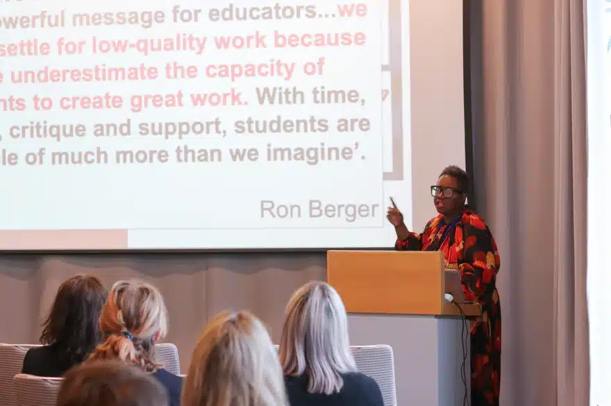 UnityEd 2023, Sonia Thompson delivering the keynote at UnityEd 2023.