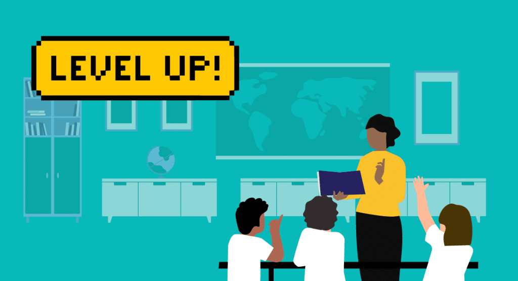Level Up Her Practice - Illustration of teacher in classroom improving teaching and learning