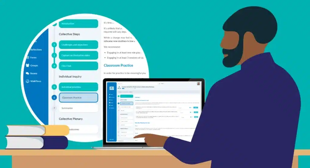 Illustration of a man on his computer, looking at the IRIS Connect platform